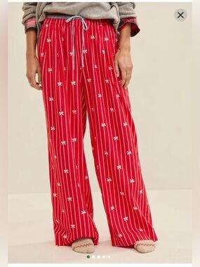 Aerie NWT flannel red white bows stripes pajama pants drawstring woman size XXL